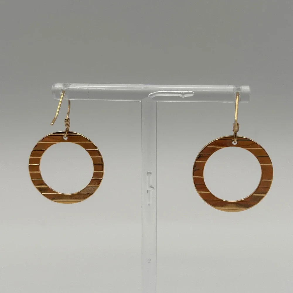 Coral Striped Enamel Gold Tone Circle Dangle Drop Earrings French Wire